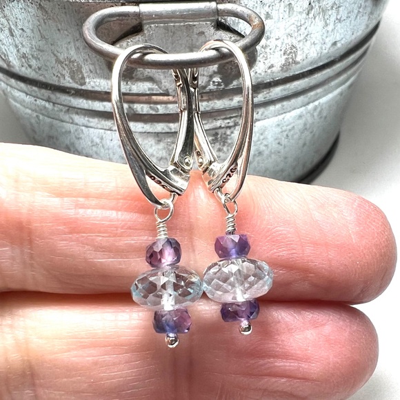 Natural Sky Blue Topaz, Purple Sapphire Earrings Handcrafted Sterling Silver - Picture 6 of 7